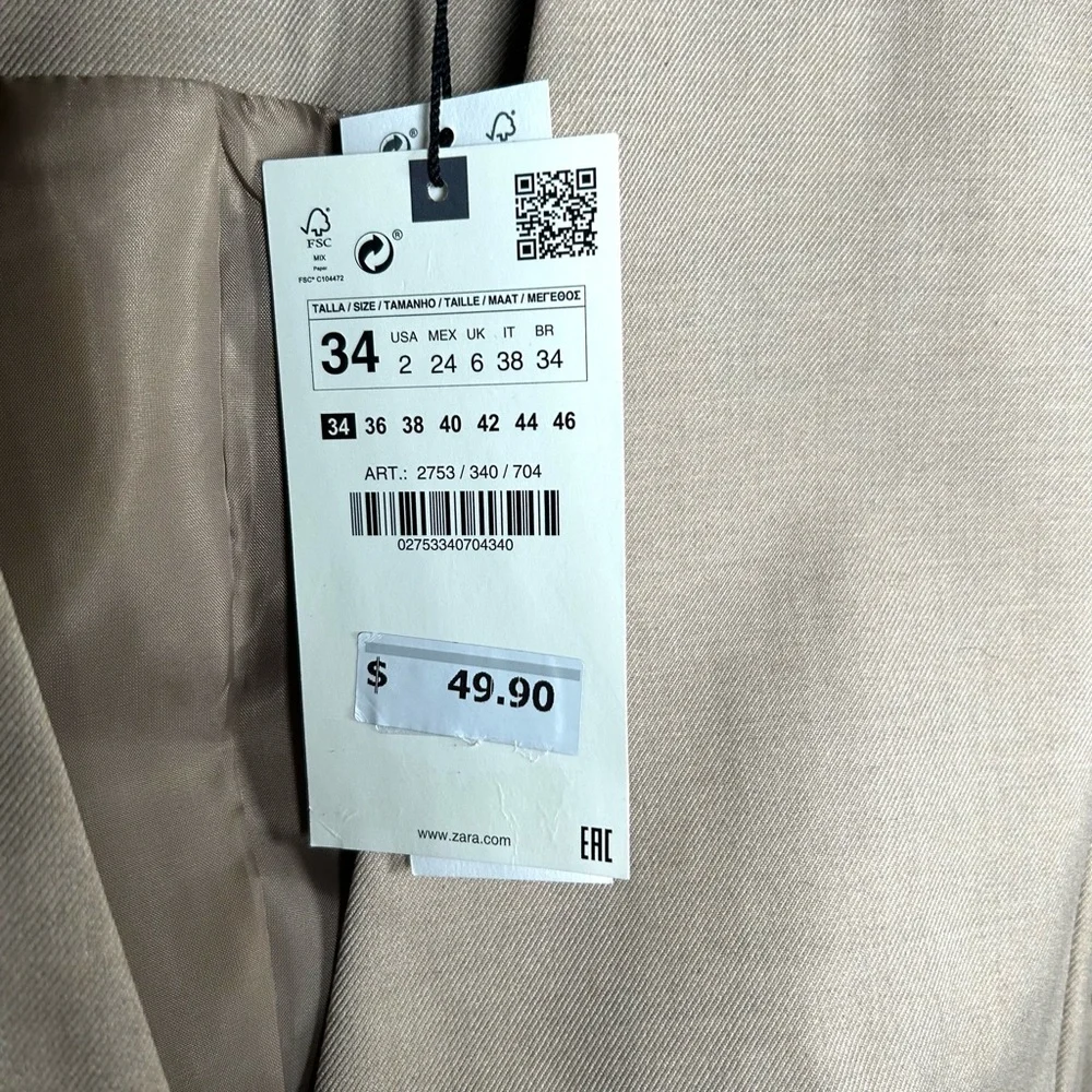 Zara Tailored Single-Button Blazer – Beige — 2 — NWT - Picture 4 of 4